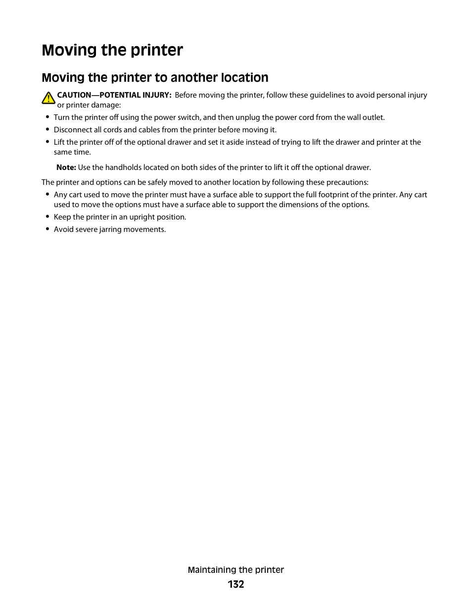 Moving the printer, Moving the printer to another location | Dell 3330dn Mono Laser Printer User Manual | Page 132 / 160