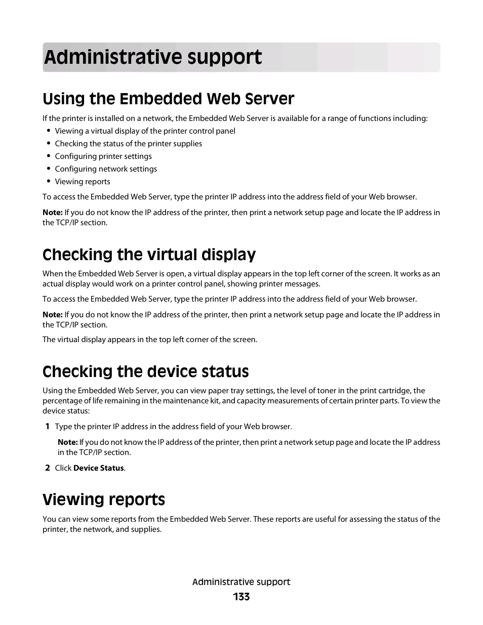 Administrative support, Using the embedded web server, Checking the virtual display | Checking the device status, Viewing reports | Dell 3330dn Mono Laser Printer User Manual | Page 133 / 160