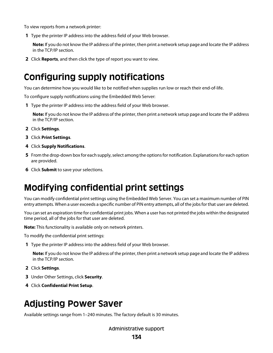 Configuring supply notifications, Modifying confidential print settings, Adjusting power saver | Dell 3330dn Mono Laser Printer User Manual | Page 134 / 160