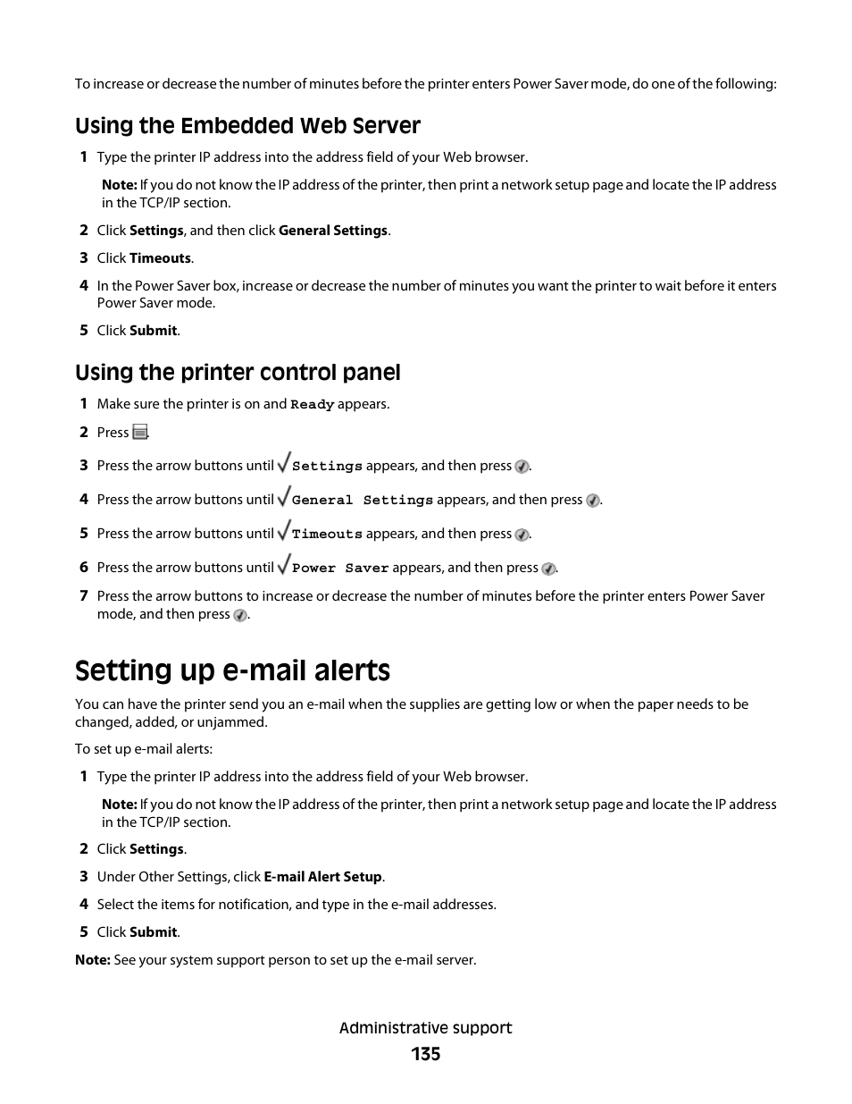 Setting up e-mail alerts, Using the embedded web server, Using the printer control panel | Dell 3330dn Mono Laser Printer User Manual | Page 135 / 160