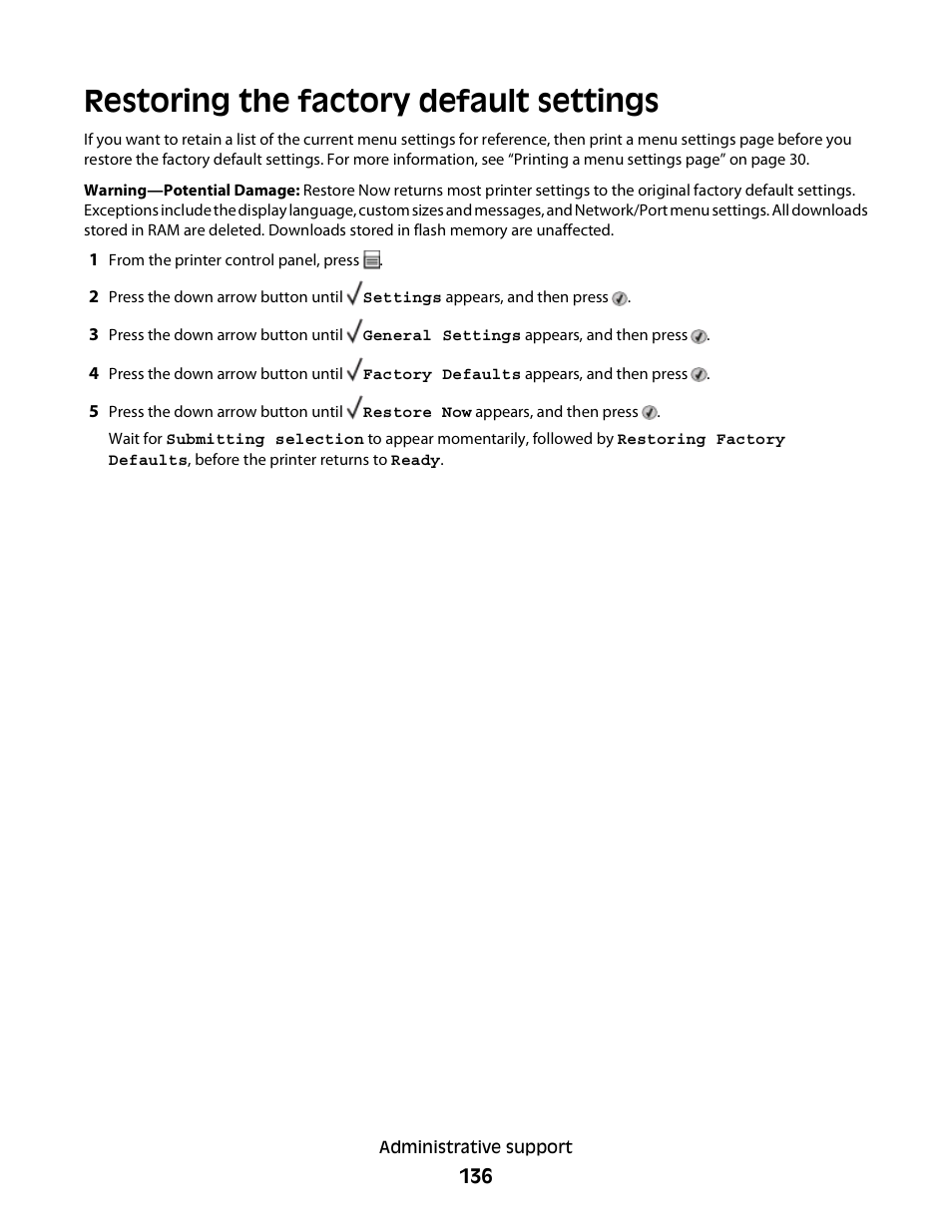 Restoring the factory default settings | Dell 3330dn Mono Laser Printer User Manual | Page 136 / 160