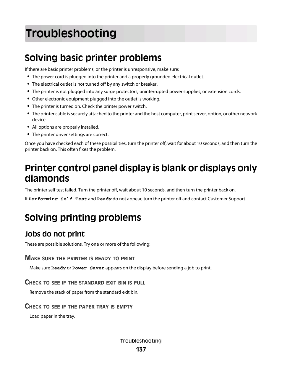 Troubleshooting, Solving basic printer problems, Solving printing problems | Jobs do not print | Dell 3330dn Mono Laser Printer User Manual | Page 137 / 160