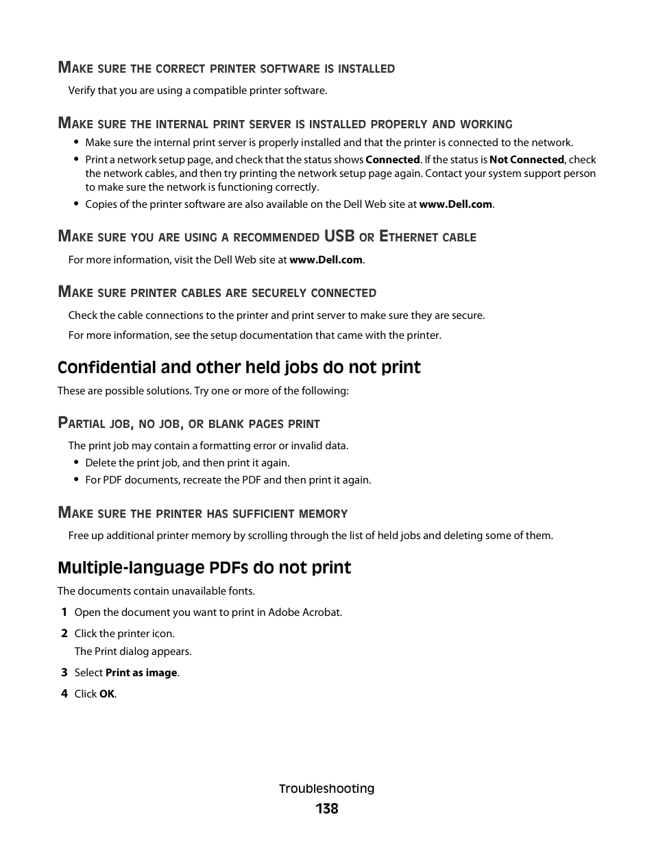 Confidential and other held jobs do not print, Multiple-language pdfs do not print | Dell 3330dn Mono Laser Printer User Manual | Page 138 / 160