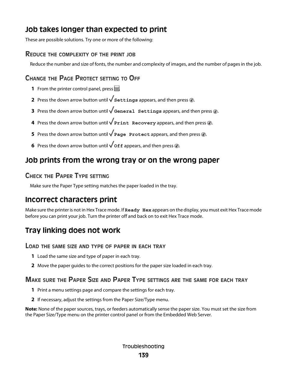 Job takes longer than expected to print, Incorrect characters print, Tray linking does not work | Tray linking does not work l | Dell 3330dn Mono Laser Printer User Manual | Page 139 / 160