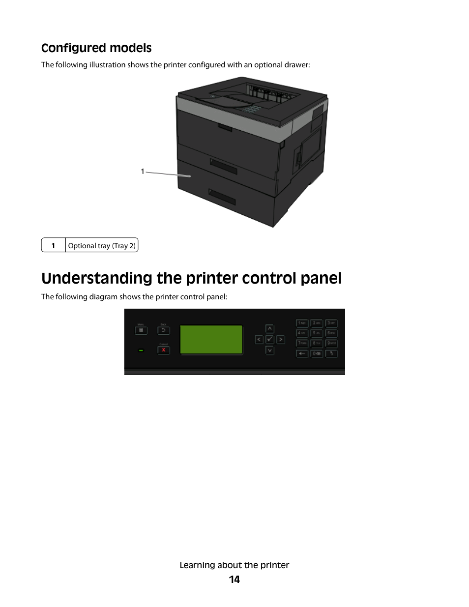 Understanding the printer control panel, Configured models | Dell 3330dn Mono Laser Printer User Manual | Page 14 / 160