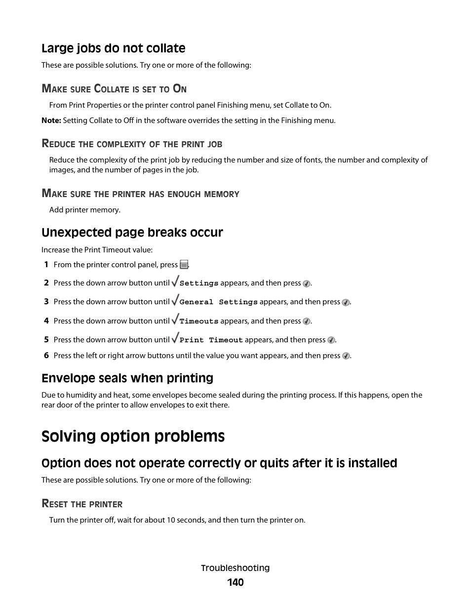 Large jobs do not collate, Envelope seals when printing, Solving option problems | Unexpected page breaks occur | Dell 3330dn Mono Laser Printer User Manual | Page 140 / 160