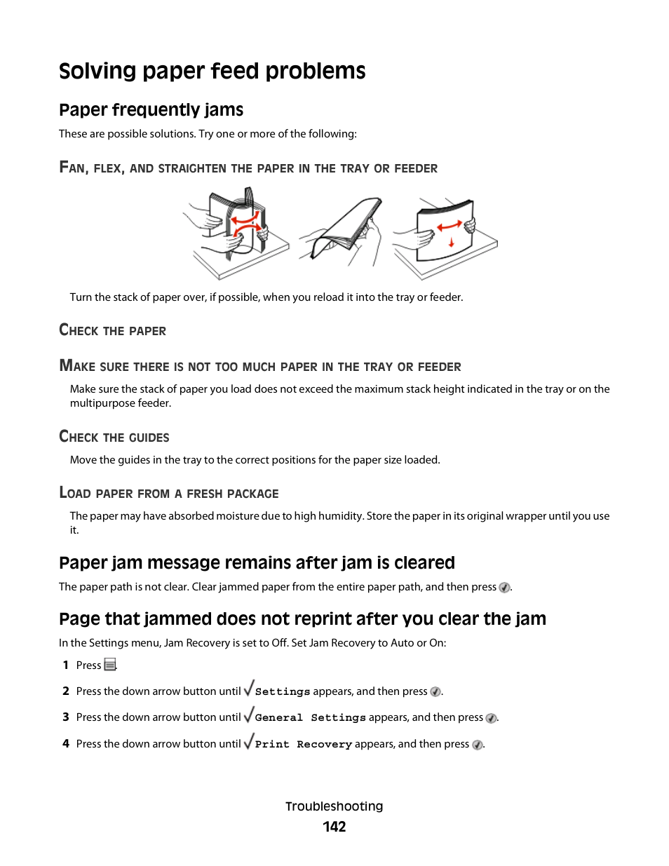 Solving paper feed problems, Paper frequently jams, Paper jam message remains after jam is cleared | Dell 3330dn Mono Laser Printer User Manual | Page 142 / 160