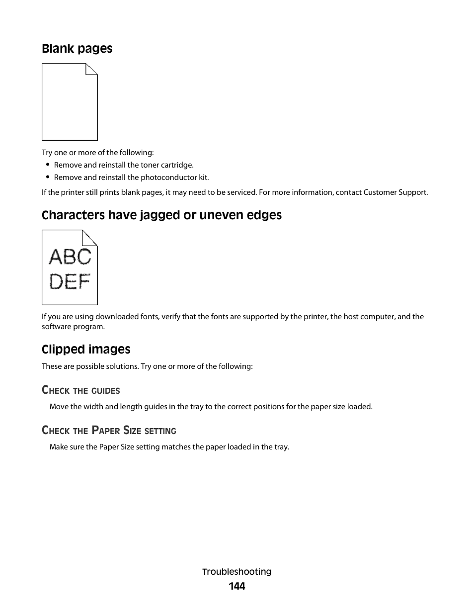 Characters have jagged or uneven edges, Clipped images, Blank pages | Dell 3330dn Mono Laser Printer User Manual | Page 144 / 160