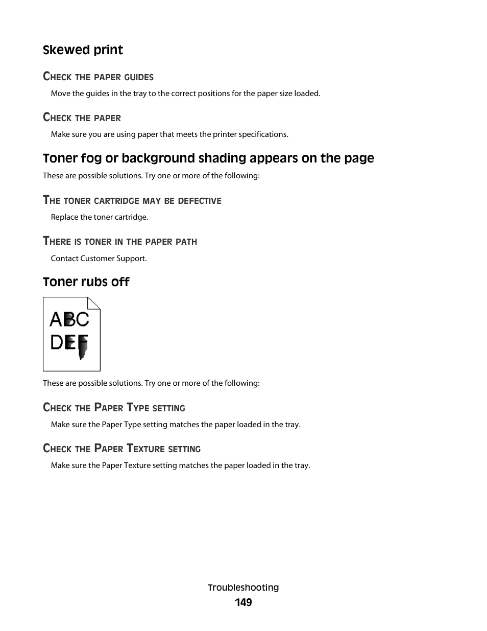 Skewed print, Toner rubs off, Skewed print c | Dell 3330dn Mono Laser Printer User Manual | Page 149 / 160