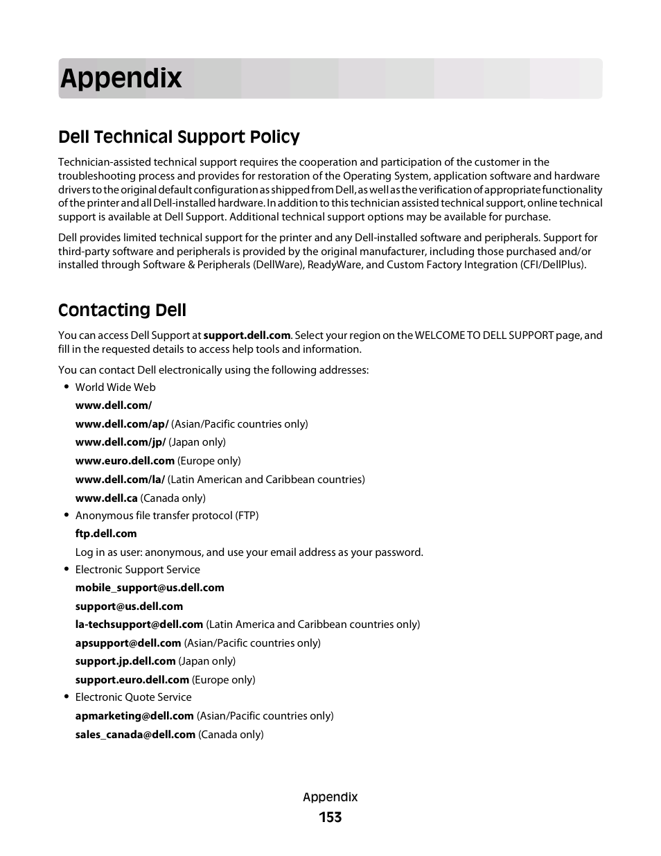 Appendix, Dell technical support policy, Contacting dell | Dell 3330dn Mono Laser Printer User Manual | Page 153 / 160