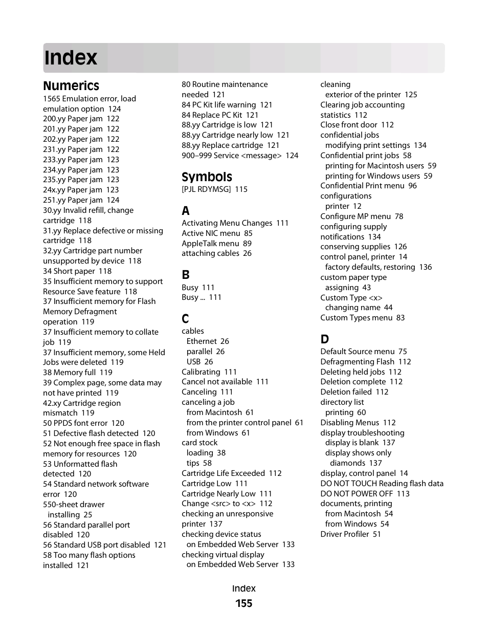 Index, Numerics, Symbols | Dell 3330dn Mono Laser Printer User Manual | Page 155 / 160