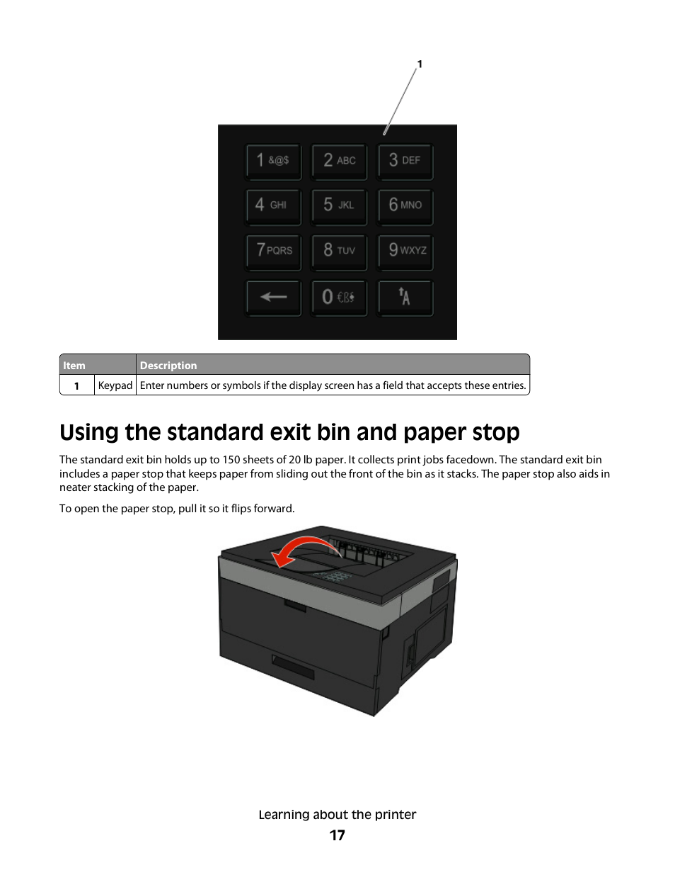 Using the standard exit bin and paper stop | Dell 3330dn Mono Laser Printer User Manual | Page 17 / 160