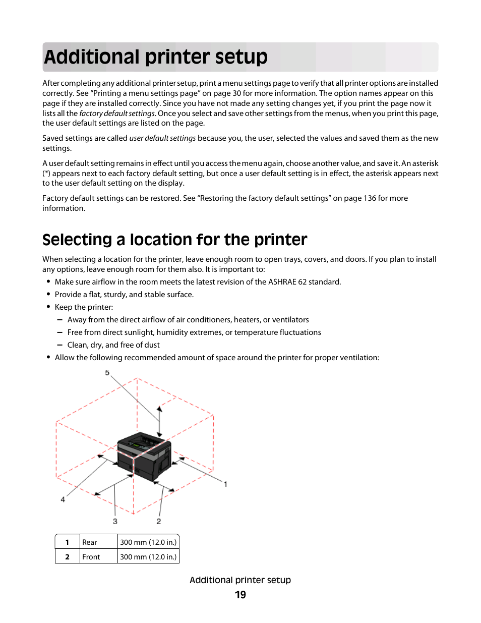 Additional printer setup, Selecting a location for the printer | Dell 3330dn Mono Laser Printer User Manual | Page 19 / 160