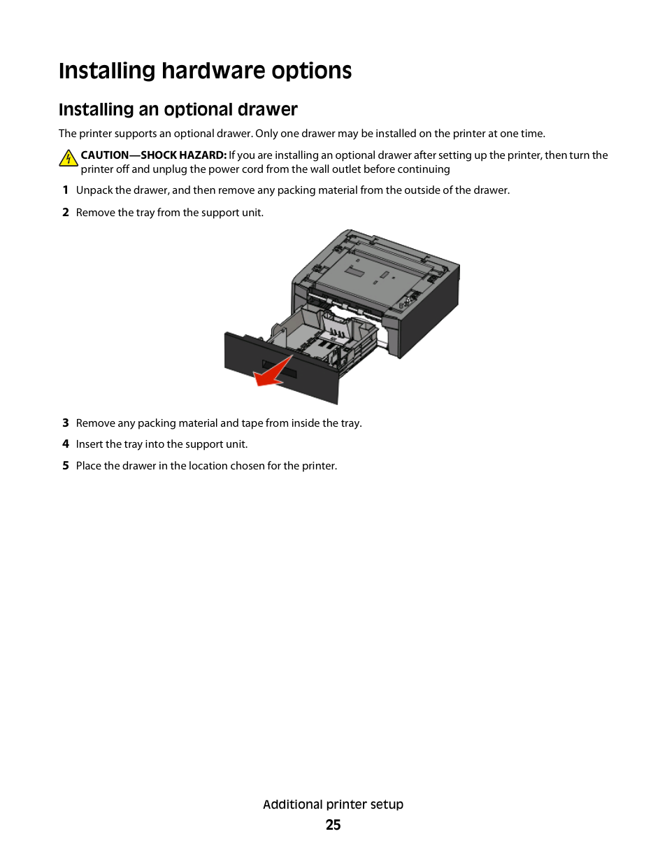 Installing hardware options, Installing an optional drawer | Dell 3330dn Mono Laser Printer User Manual | Page 25 / 160