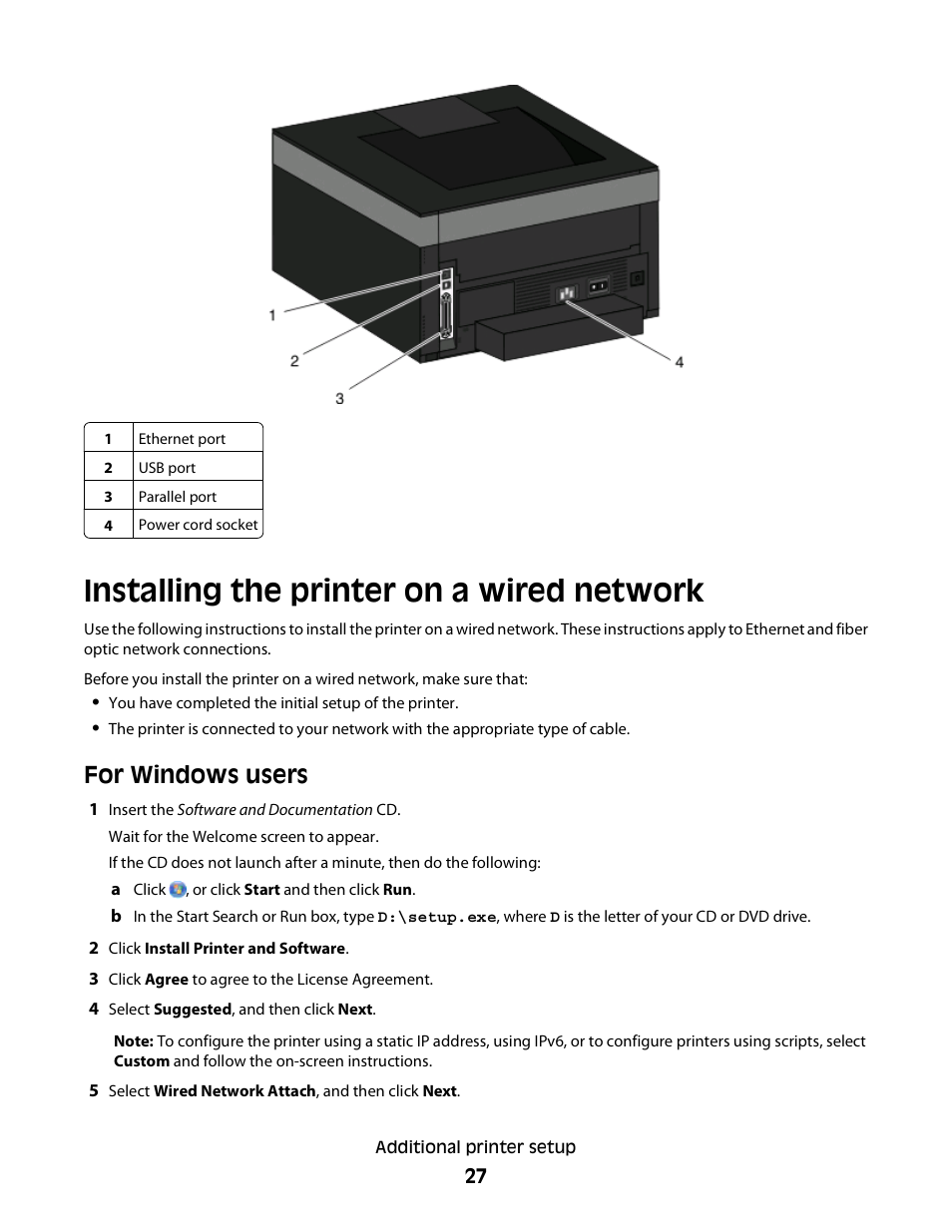 Installing the printer on a wired network, For windows users | Dell 3330dn Mono Laser Printer User Manual | Page 27 / 160