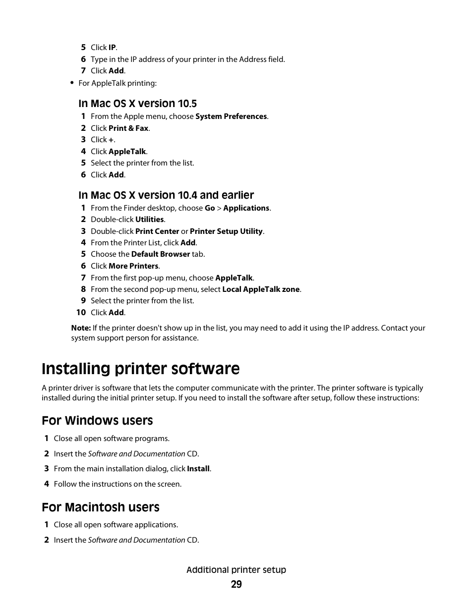 Installing printer software, For windows users, For macintosh users | Dell 3330dn Mono Laser Printer User Manual | Page 29 / 160