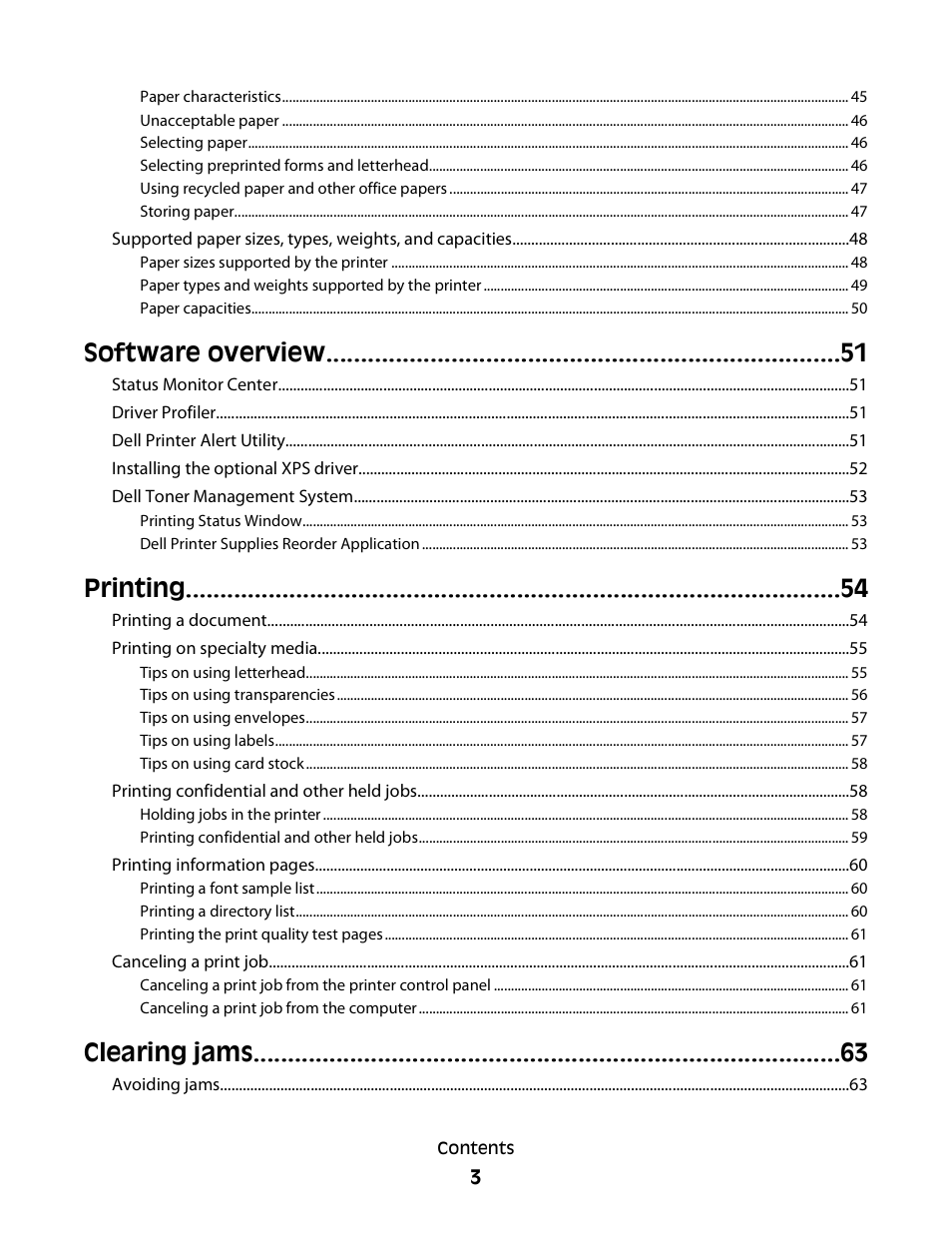 Software overview, Printing, Clearing jams | Dell 3330dn Mono Laser Printer User Manual | Page 3 / 160