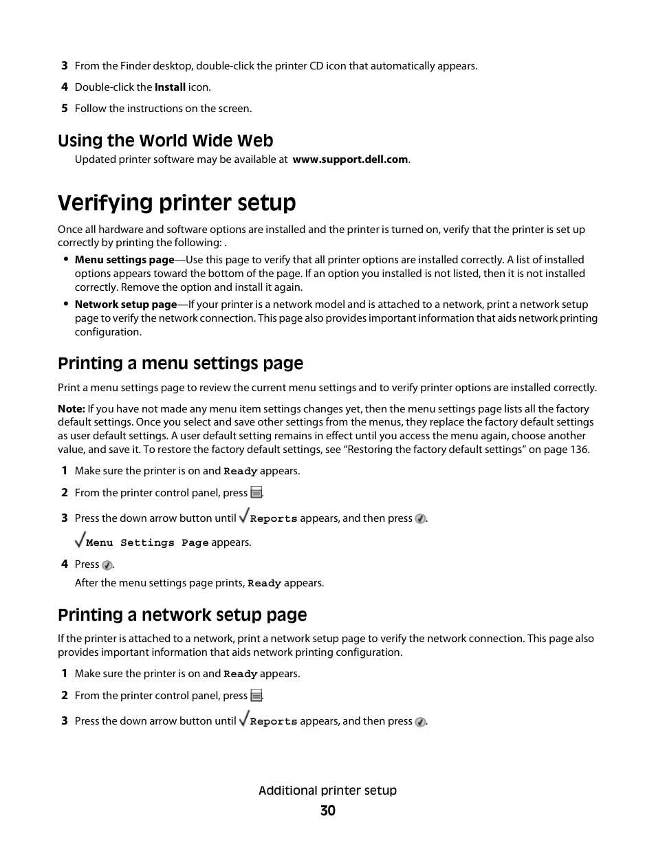 Verifying printer setup, Using the world wide web, Printing a menu settings page | Printing a network setup page | Dell 3330dn Mono Laser Printer User Manual | Page 30 / 160