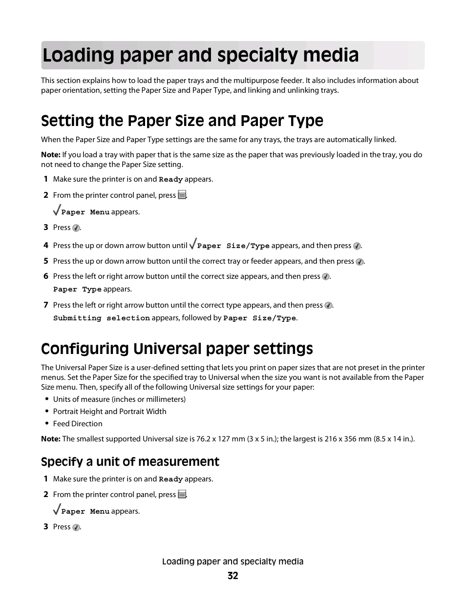 Loading paper and specialty media, Setting the paper size and paper type, Configuring universal paper settings | Specify a unit of measurement | Dell 3330dn Mono Laser Printer User Manual | Page 32 / 160