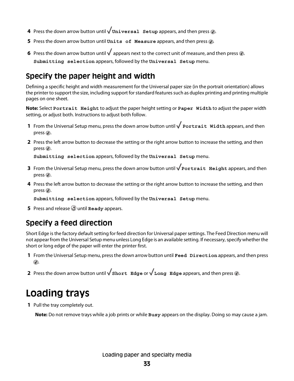 Loading trays, Specify the paper height and width, Specify a feed direction | Dell 3330dn Mono Laser Printer User Manual | Page 33 / 160