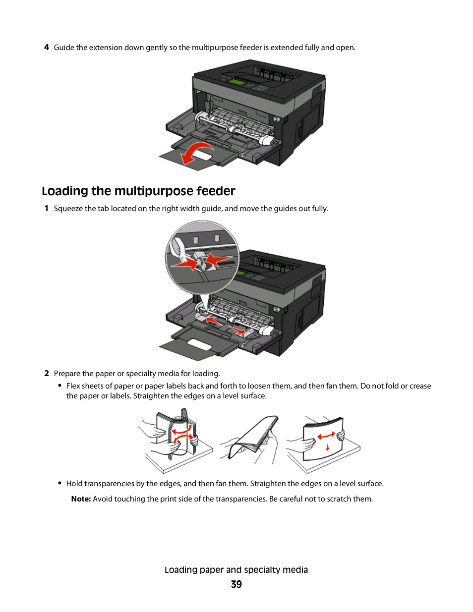 Loading the multipurpose feeder | Dell 3330dn Mono Laser Printer User Manual | Page 39 / 160