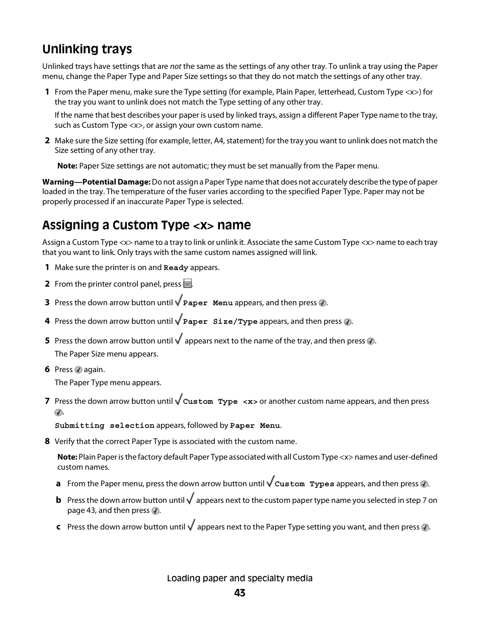 Unlinking trays, Assigning a custom type <x> name, Unlinking trays assigning a custom type <x> name | Dell 3330dn Mono Laser Printer User Manual | Page 43 / 160