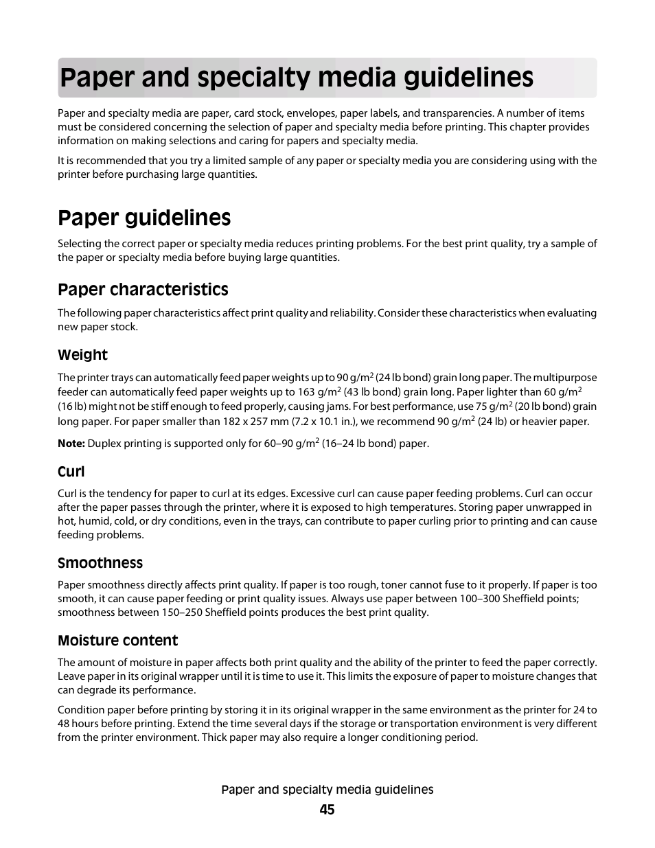 Paper and specialty media guidelines, Paper guidelines, Paper characteristics | Dell 3330dn Mono Laser Printer User Manual | Page 45 / 160