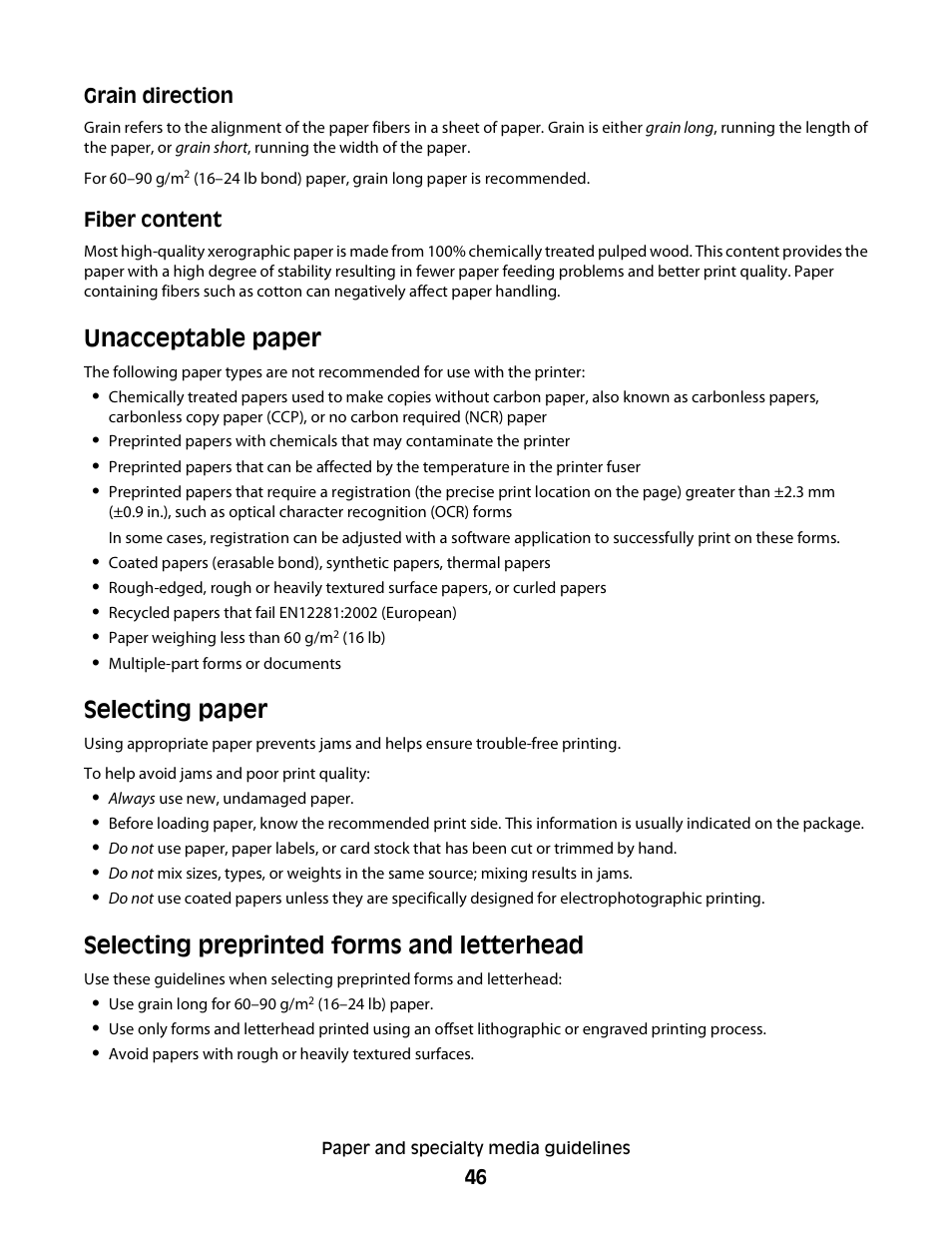 Unacceptable paper, Selecting paper, Selecting preprinted forms and letterhead | Dell 3330dn Mono Laser Printer User Manual | Page 46 / 160