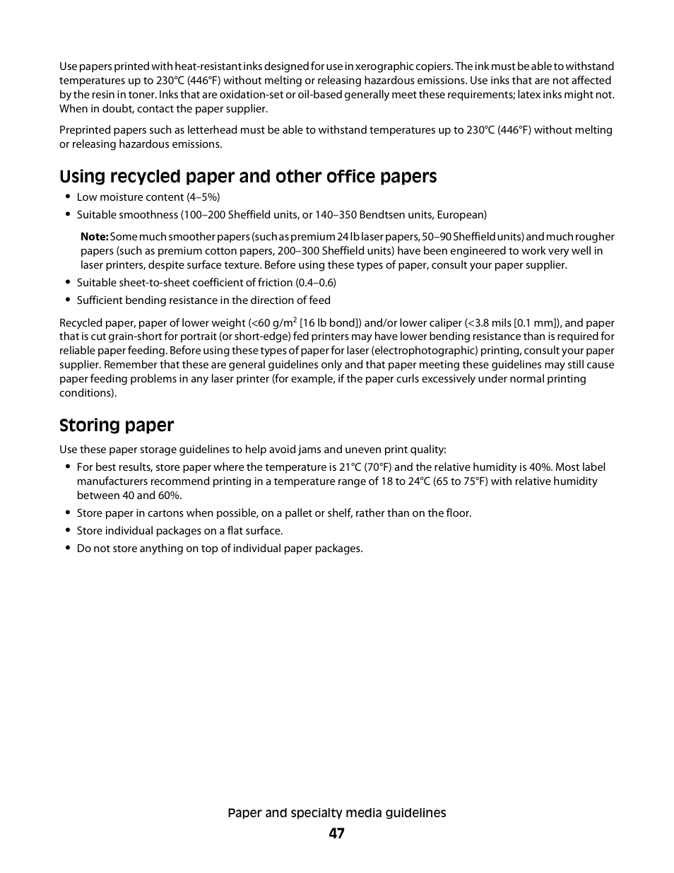 Using recycled paper and other office papers, Storing paper | Dell 3330dn Mono Laser Printer User Manual | Page 47 / 160