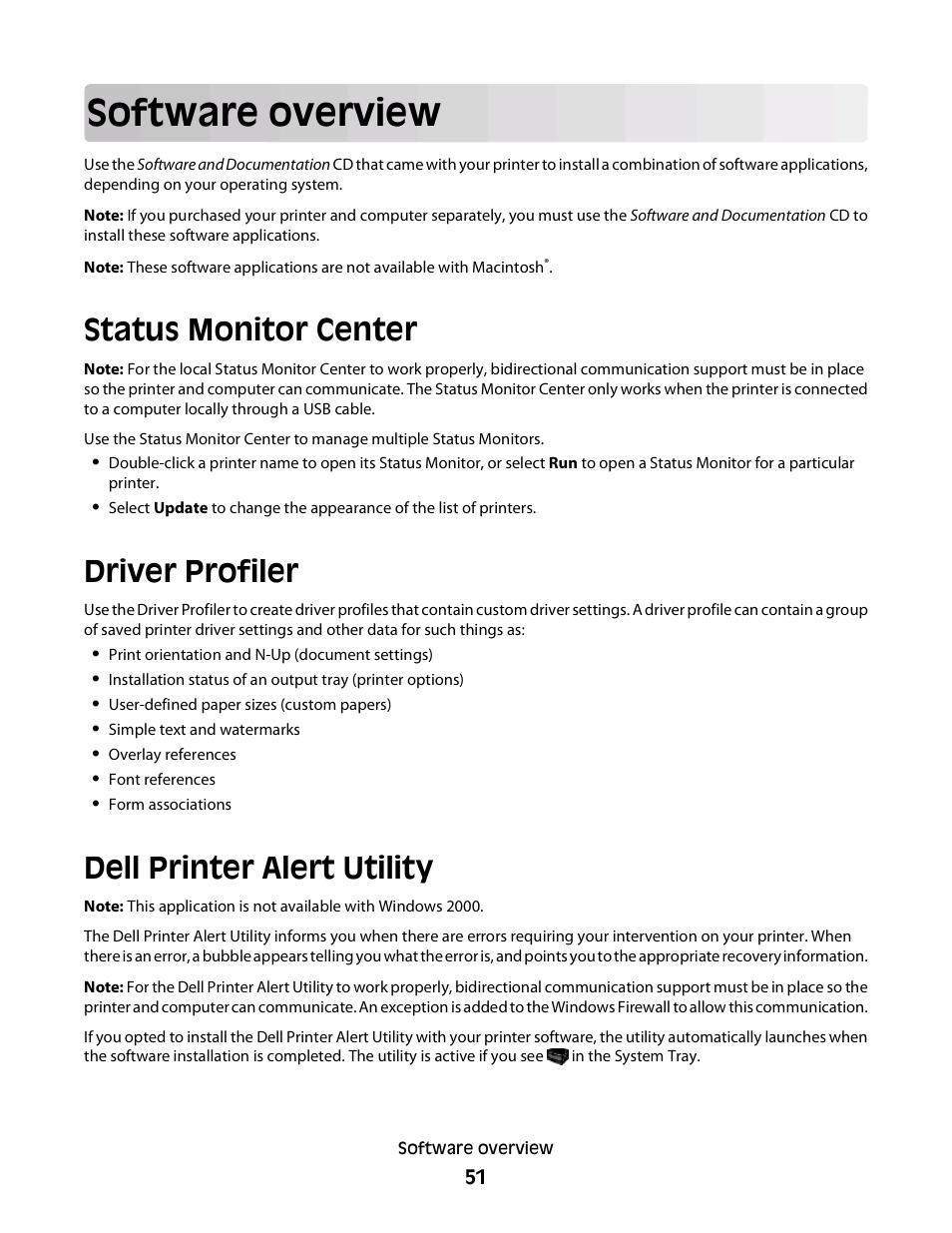 Software overview, Status monitor center, Driver profiler | Dell printer alert utility | Dell 3330dn Mono Laser Printer User Manual | Page 51 / 160