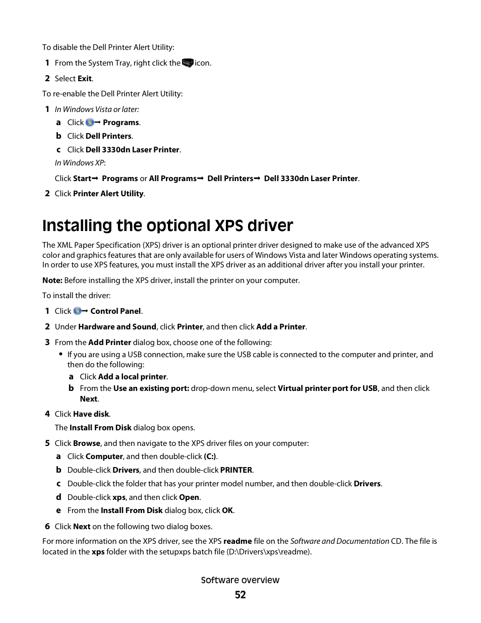 Installing the optional xps driver | Dell 3330dn Mono Laser Printer User Manual | Page 52 / 160