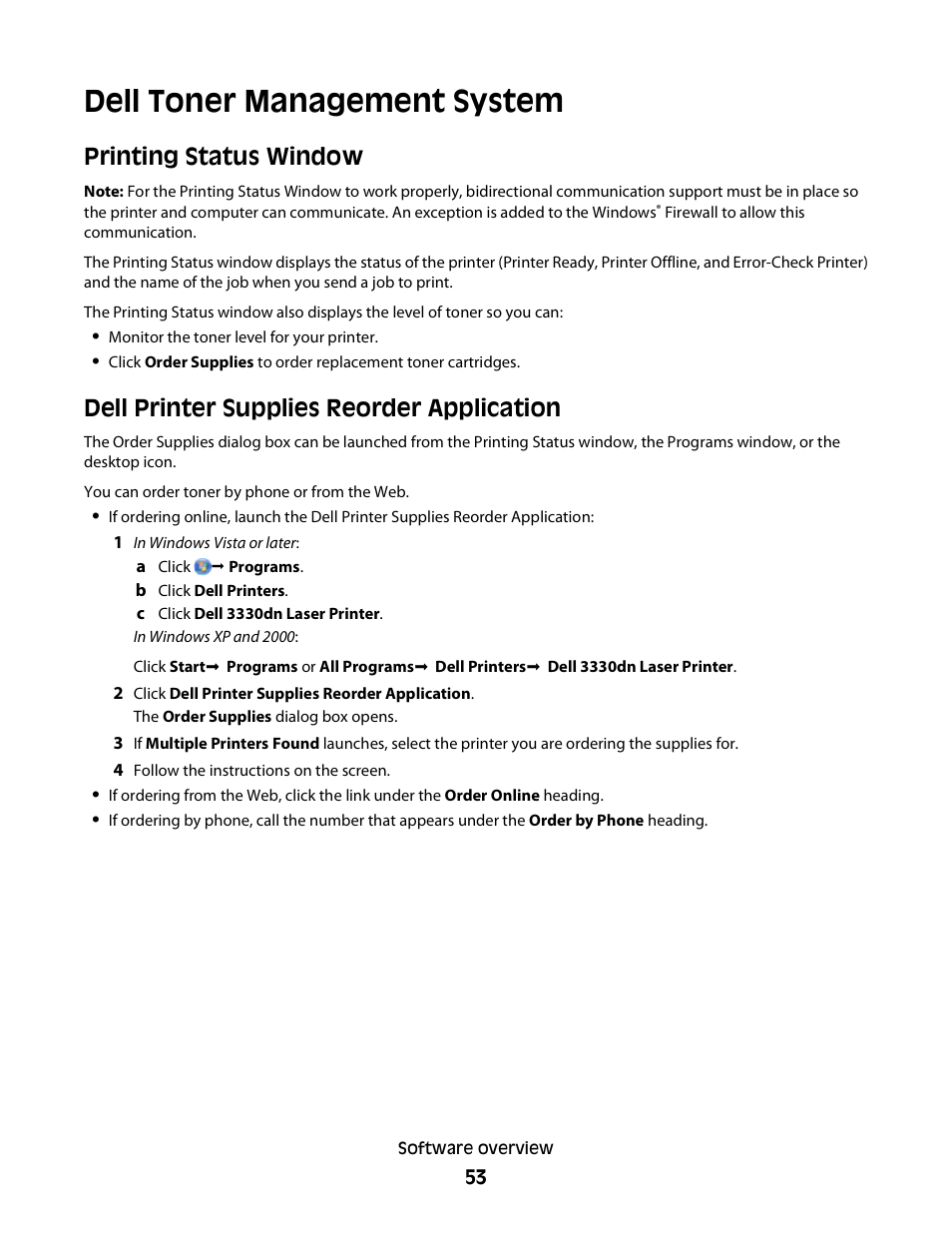 Dell toner management system, Printing status window, Dell printer supplies reorder application | Dell 3330dn Mono Laser Printer User Manual | Page 53 / 160