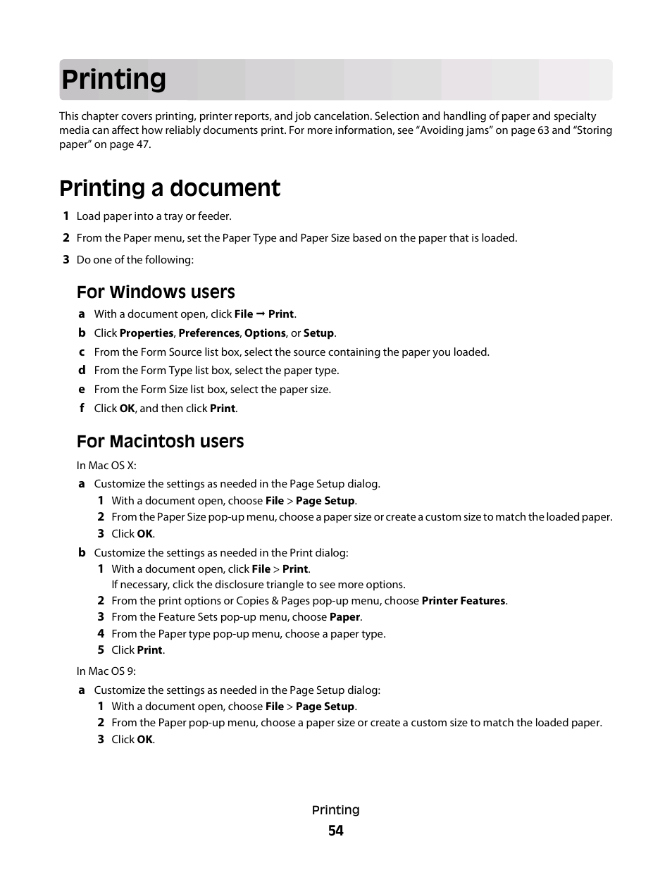 Printing, Printing a document, For windows users | For macintosh users | Dell 3330dn Mono Laser Printer User Manual | Page 54 / 160