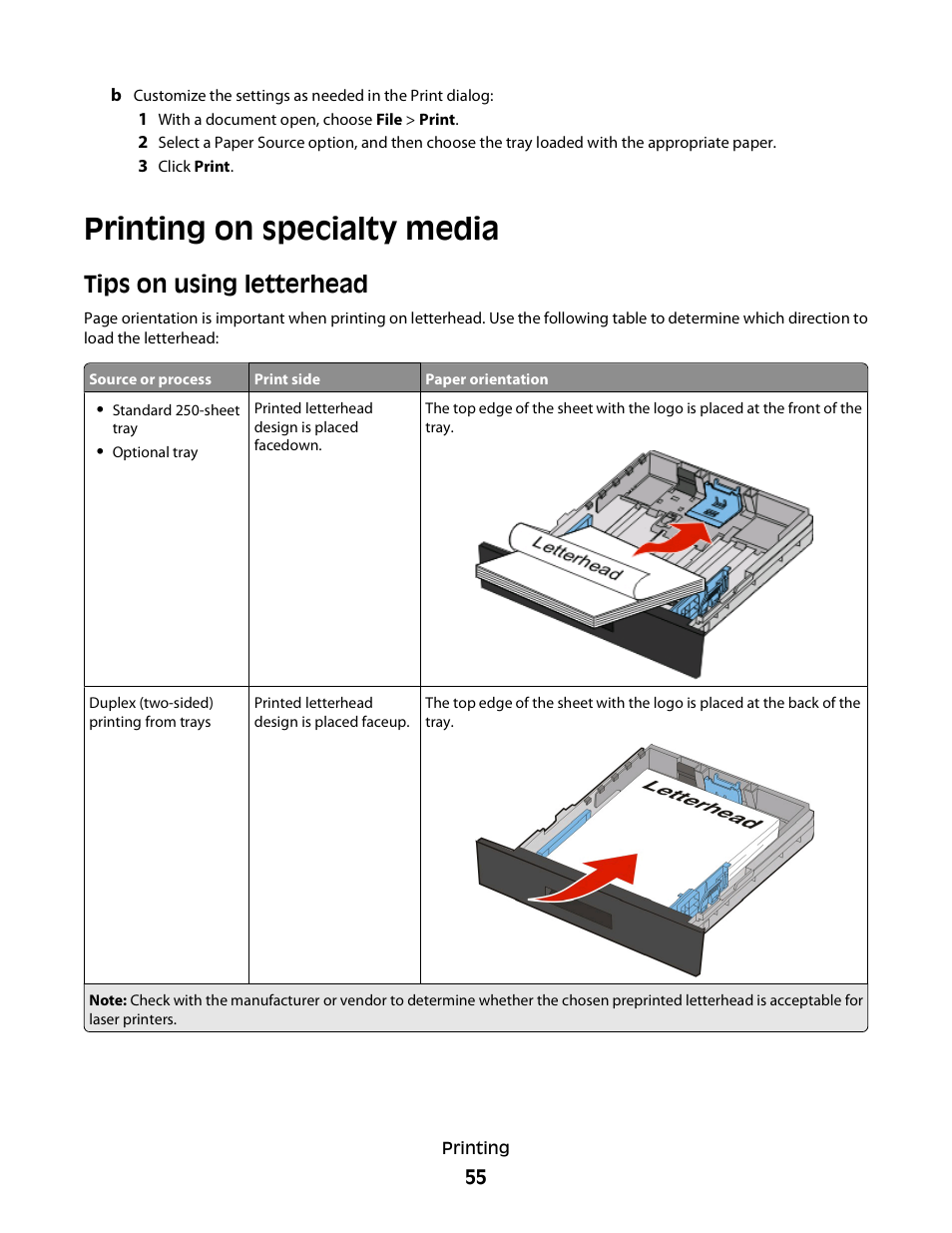 Printing on specialty media, Tips on using letterhead | Dell 3330dn Mono Laser Printer User Manual | Page 55 / 160