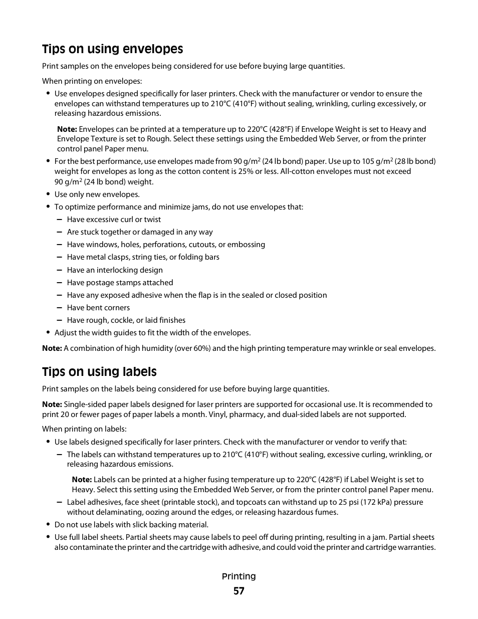 Tips on using envelopes, Tips on using labels | Dell 3330dn Mono Laser Printer User Manual | Page 57 / 160