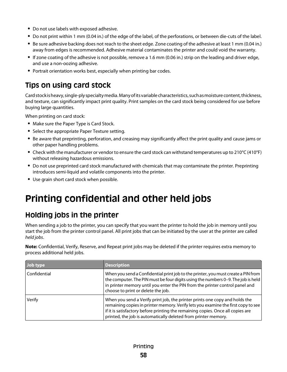 Tips on using card stock, Printing confidential and other held jobs, Holding jobs in the printer | Dell 3330dn Mono Laser Printer User Manual | Page 58 / 160