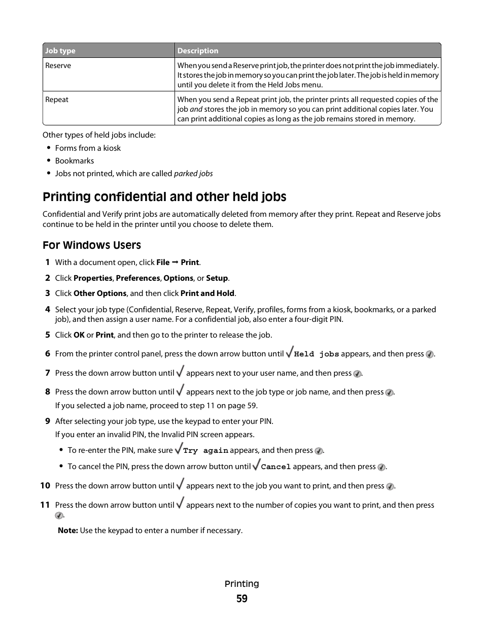 Printing confidential and other held jobs | Dell 3330dn Mono Laser Printer User Manual | Page 59 / 160