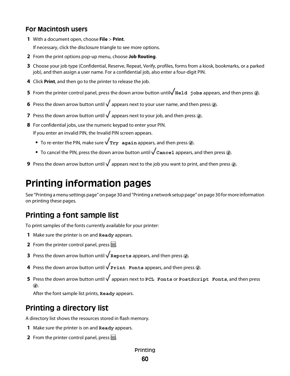 Printing a font sample list, Printing a directory list, Printing information pages | Dell 3330dn Mono Laser Printer User Manual | Page 60 / 160