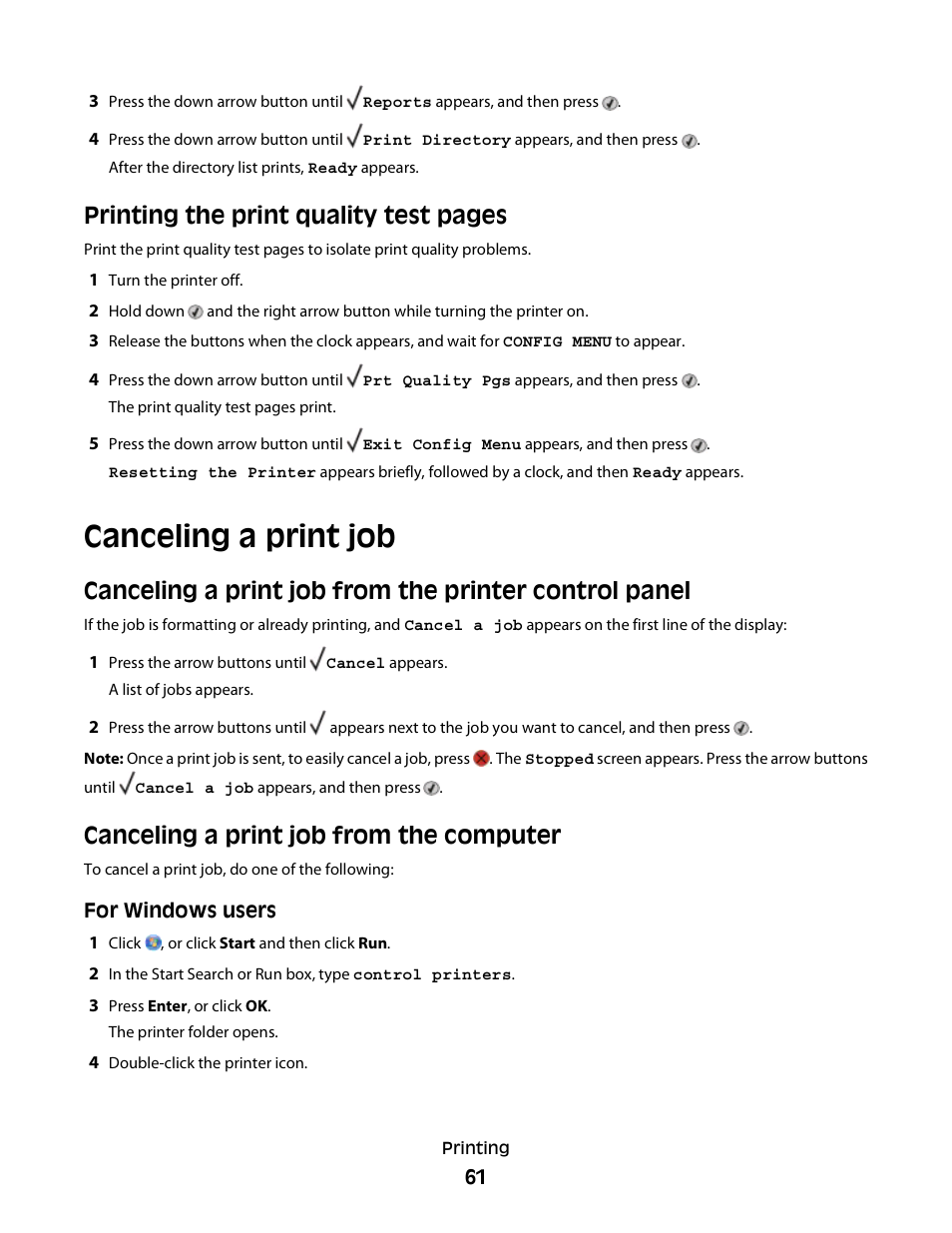 Canceling a print job, Canceling a print job from the computer, Printing the print quality test pages | Dell 3330dn Mono Laser Printer User Manual | Page 61 / 160