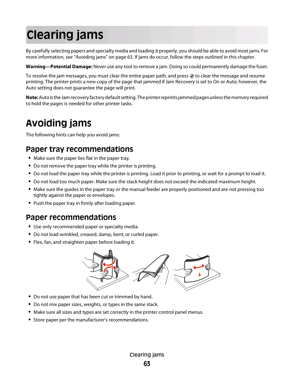 Clearing jams, Avoiding jams, Paper tray recommendations | Paper recommendations | Dell 3330dn Mono Laser Printer User Manual | Page 63 / 160