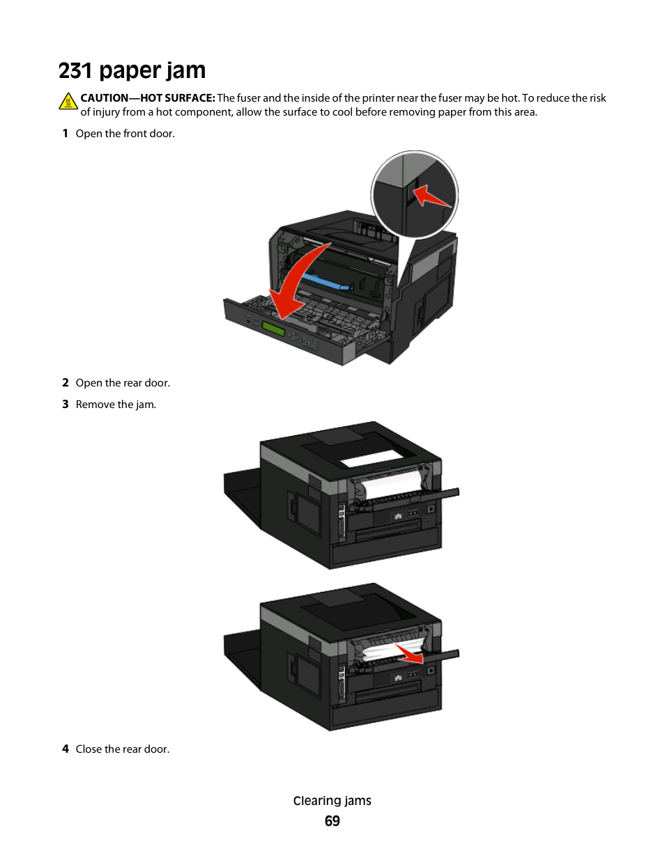 231 paper jam | Dell 3330dn Mono Laser Printer User Manual | Page 69 / 160