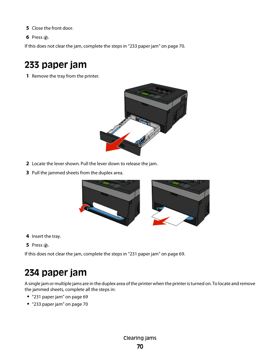 233 paper jam, 234 paper jam | Dell 3330dn Mono Laser Printer User Manual | Page 70 / 160