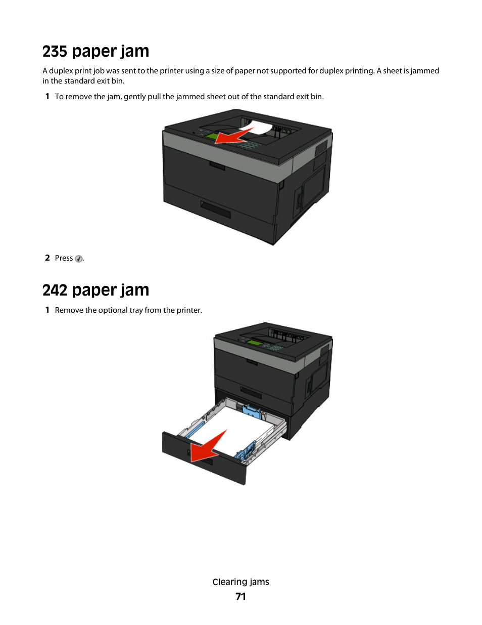 235 paper jam, 242 paper jam | Dell 3330dn Mono Laser Printer User Manual | Page 71 / 160