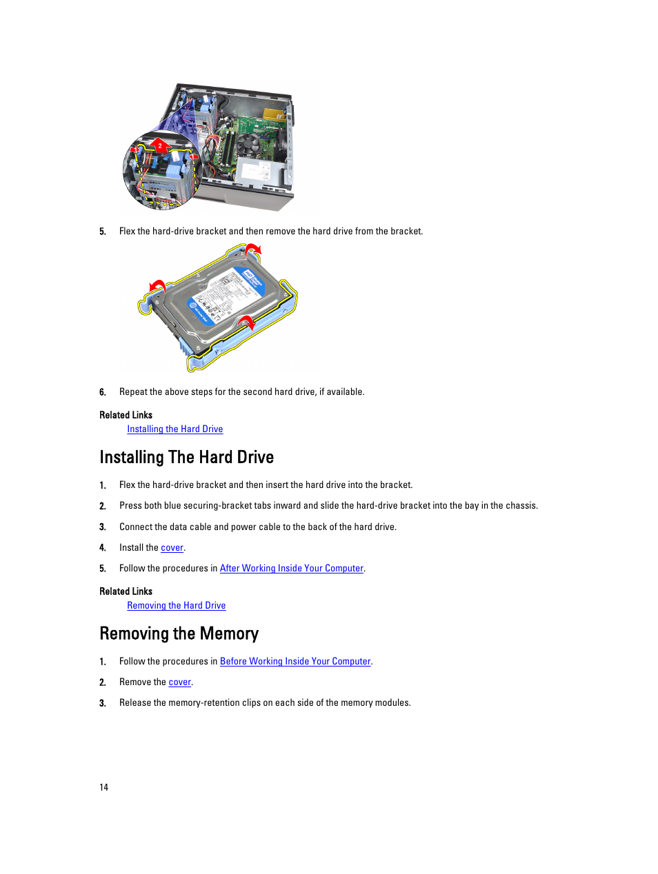 Installing the hard drive, Removing the memory | Dell OptiPlex 3010 (Mid 2012) User Manual | Page 14 / 61