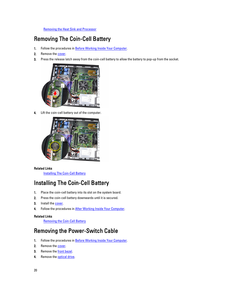 Removing the coin-cell battery, Installing the coin-cell battery, Removing the power-switch cable | Dell OptiPlex 3010 (Mid 2012) User Manual | Page 20 / 61