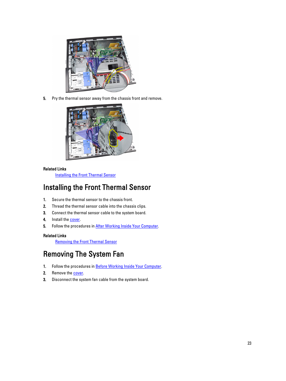 Installing the front thermal sensor, Removing the system fan | Dell OptiPlex 3010 (Mid 2012) User Manual | Page 23 / 61