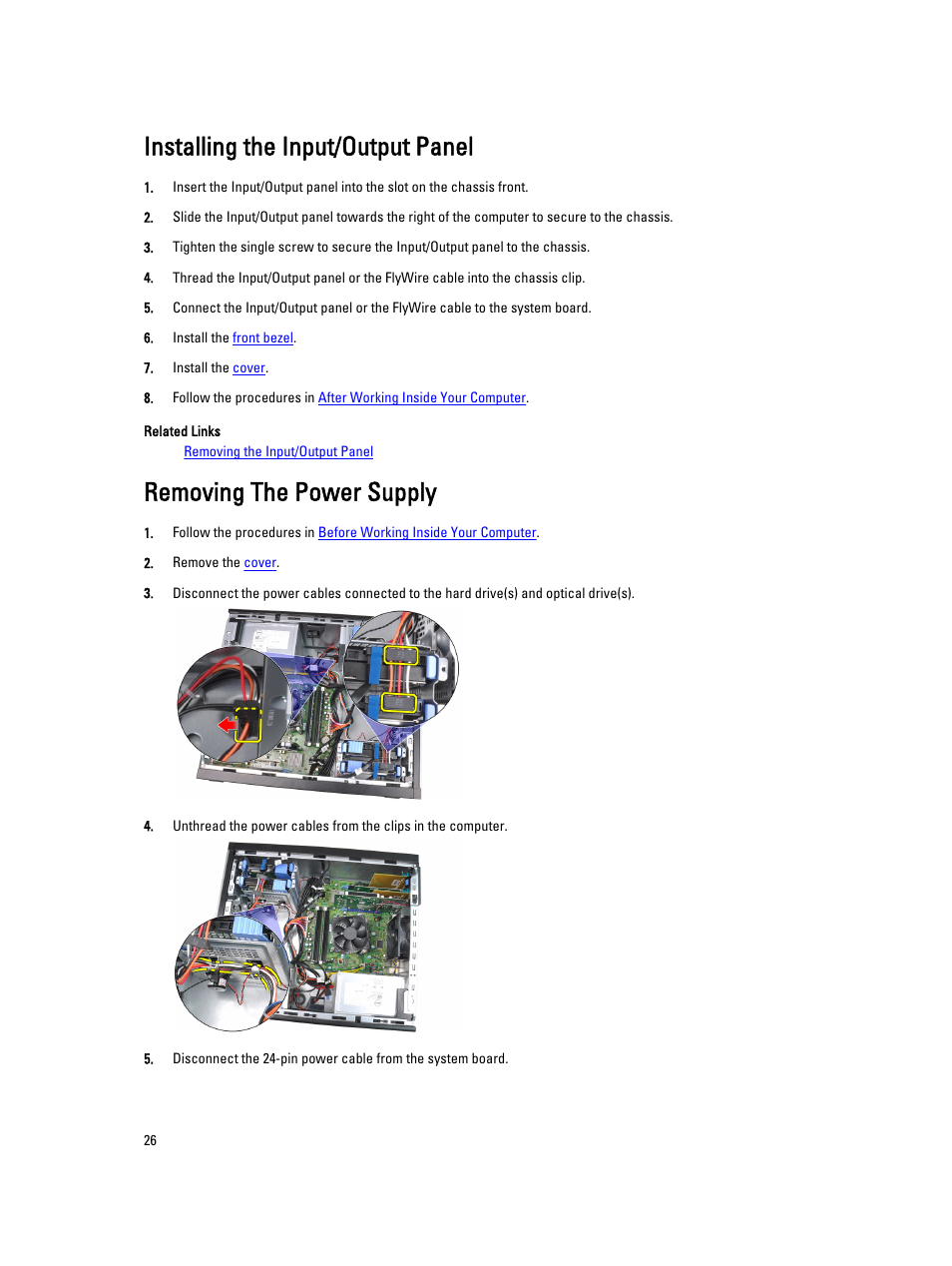 Installing the input/output panel, Removing the power supply | Dell OptiPlex 3010 (Mid 2012) User Manual | Page 26 / 61