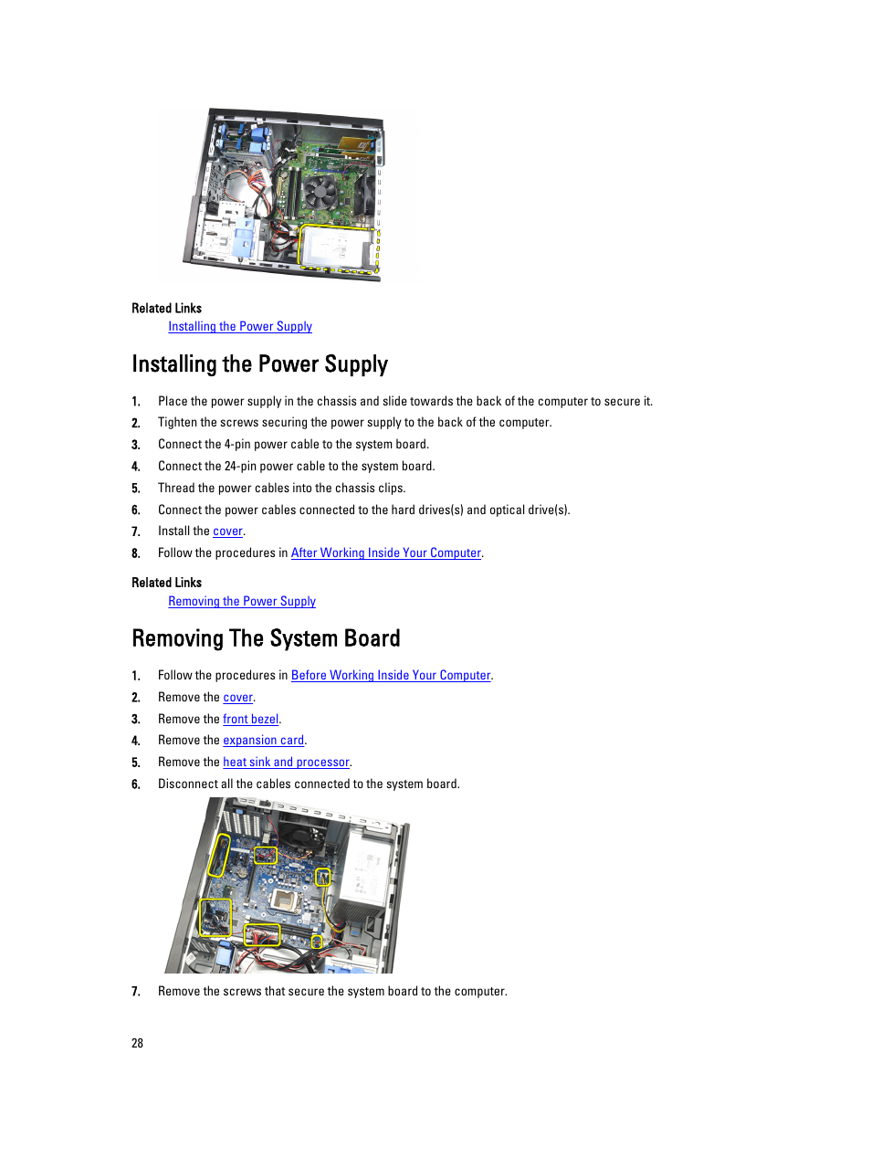 Installing the power supply, Removing the system board | Dell OptiPlex 3010 (Mid 2012) User Manual | Page 28 / 61