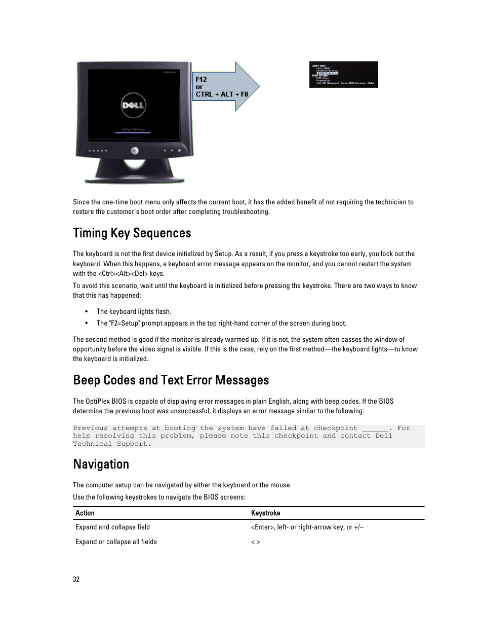 Timing key sequences, Beep codes and text error messages, Navigation | Dell OptiPlex 3010 (Mid 2012) User Manual | Page 32 / 61