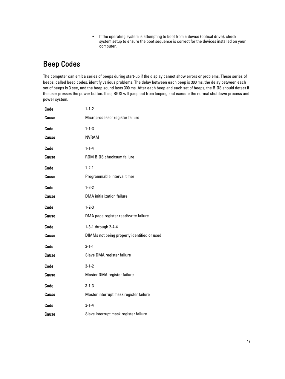 Beep codes | Dell OptiPlex 3010 (Mid 2012) User Manual | Page 47 / 61